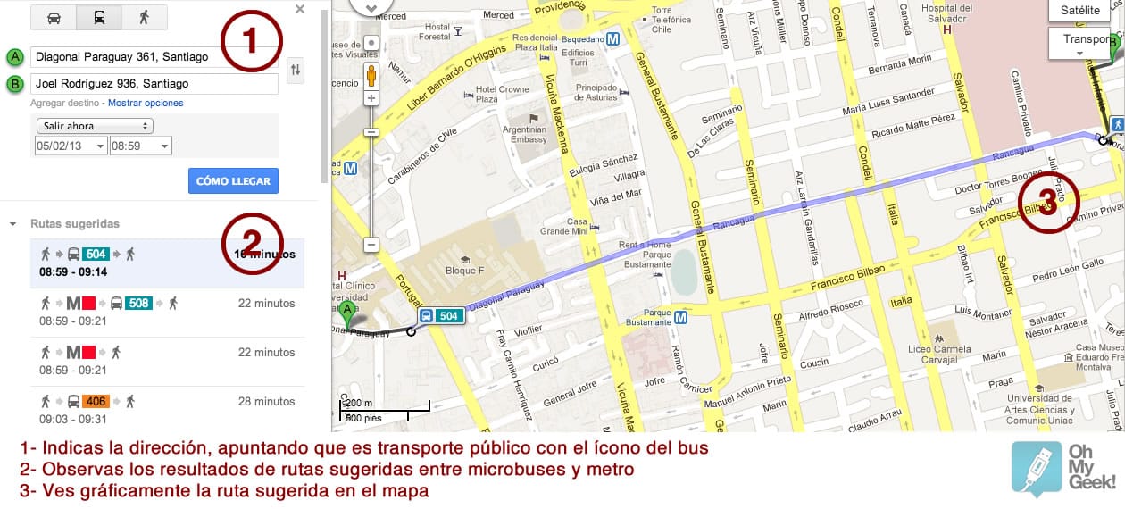 Google Transit (Chile) en Web