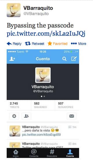 Con este tweet José Rodrí­guez demostró la falla en iOS 7