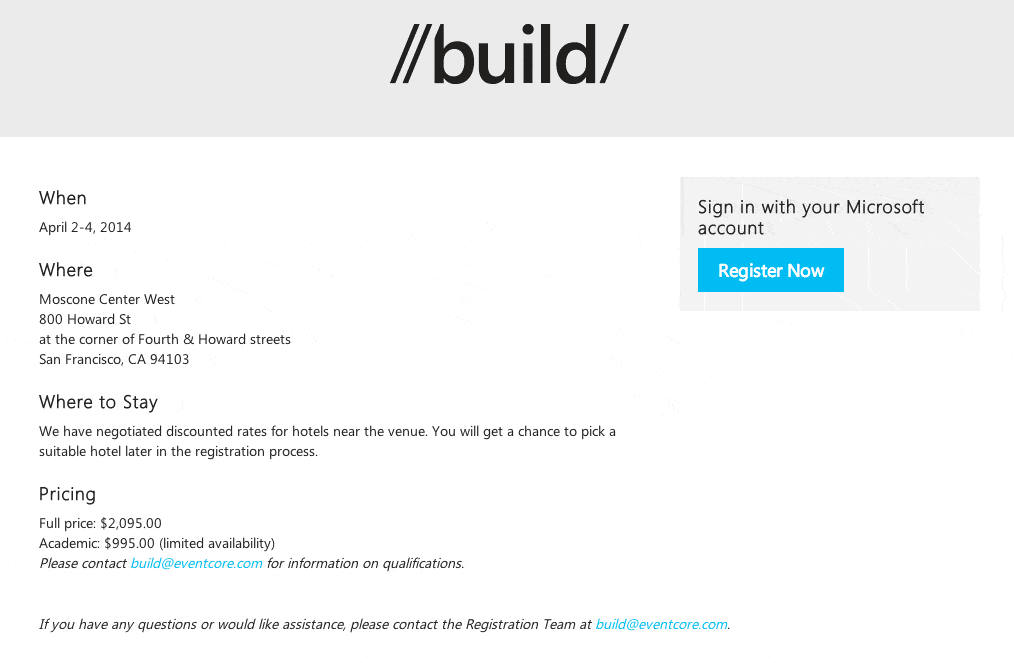 Dos precios habrán para el Build Developer Conference 2014. $995 y $2,095 USD.