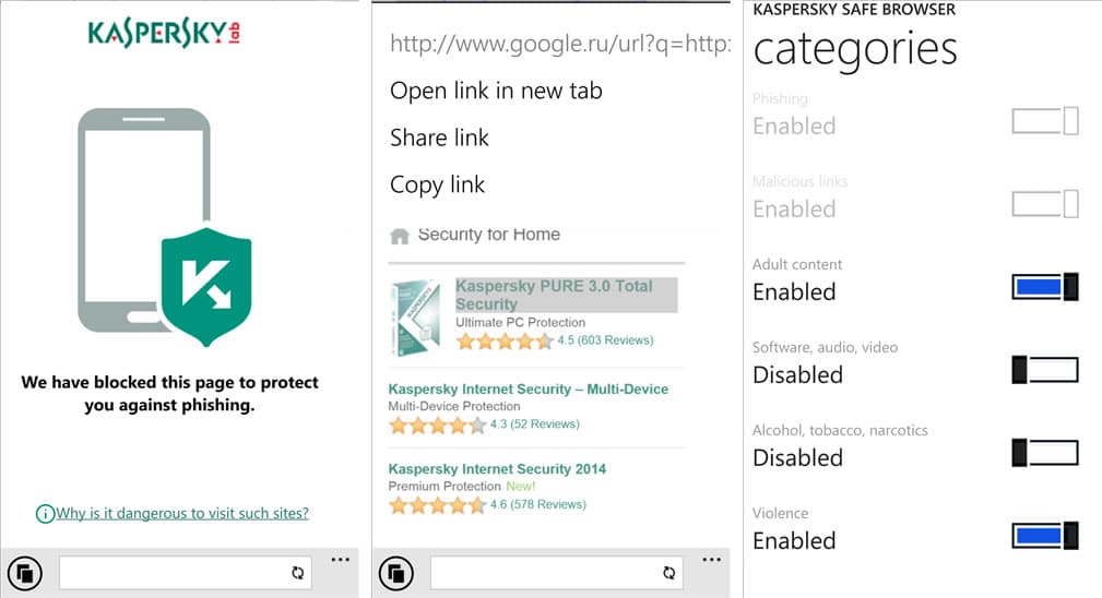 Kaspersky Safe Browser para Windows Phone.