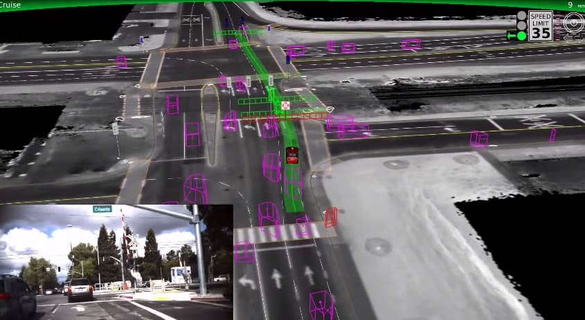El nuevo software del vehí­culo de Google reconoce múltiples objetos por la ruta.