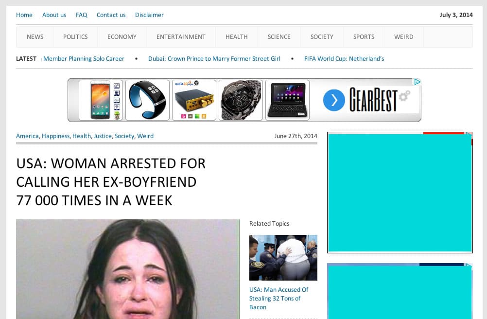 Falsa Noticia World News Daily Report Mujer Llamadas Ohmygeek Así luce la falsa noticia en la Web de World News Daily Report.