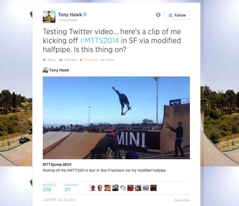 Videos en Twitter: Tweet de prueba de Tony Hawk en su cuenta personal.