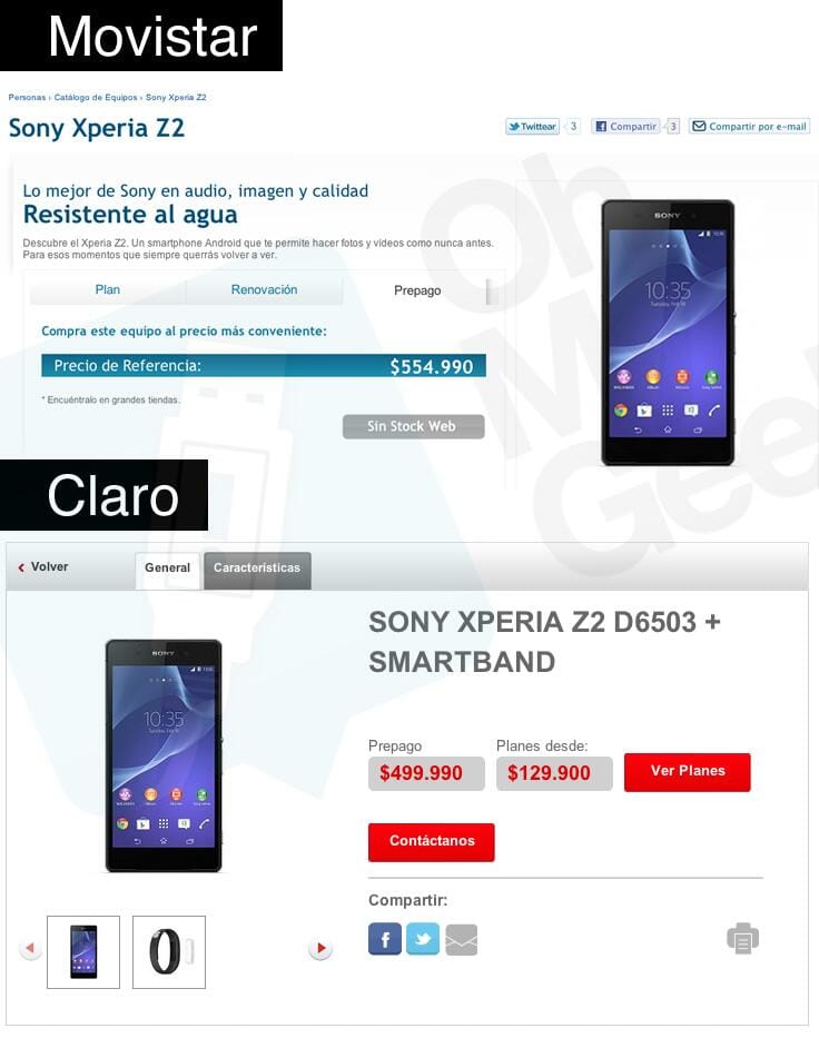 Xperia Z2 Smartband precios chile movistar claro ohmygeek