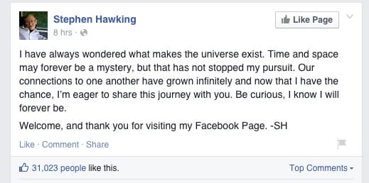 Primer escrito en Facebook de Stephen Hawking.