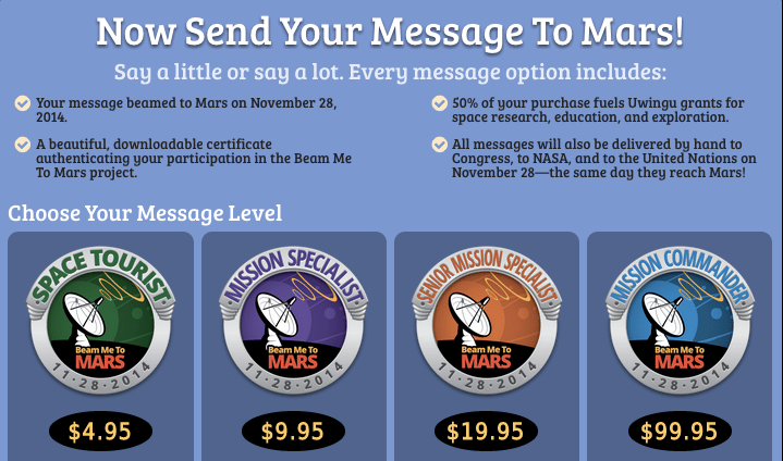 Pagando cierta cantidad, Beam Me To Mars te permití­a enviar tu propio mensaje a Marte. 