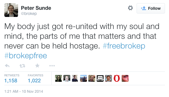 Peter Sunde comentado su salida de la prisión por Twitter.