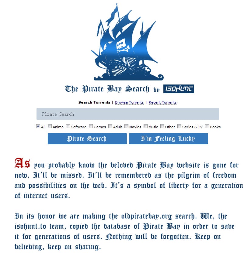 Isohunt creó oldpiratebay.org para traer de vuelta a The Pirate Bay.
