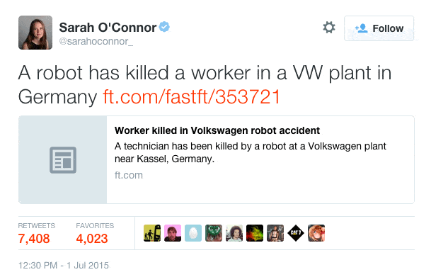 Tweet de la periodista Sarah O'Connor sobre el robot.