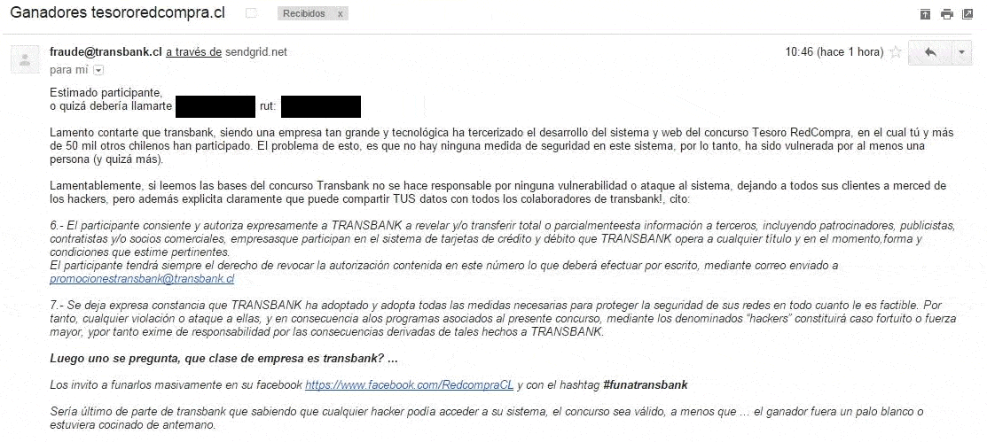 Este correo recibieron los participantes del correo Redcompra acusando el hackeo.