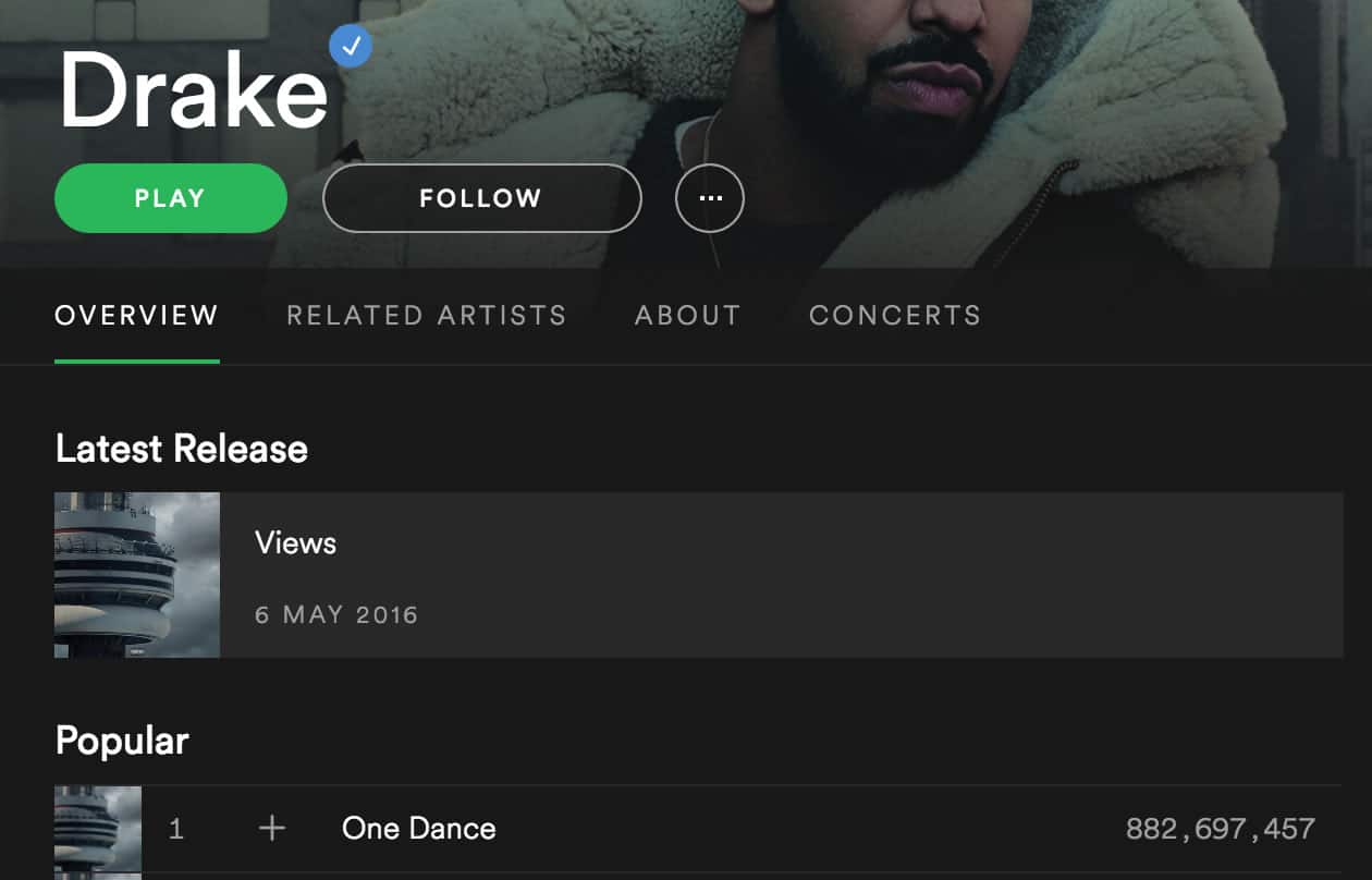 La canción "One Dance" de Drake en Spotify.
