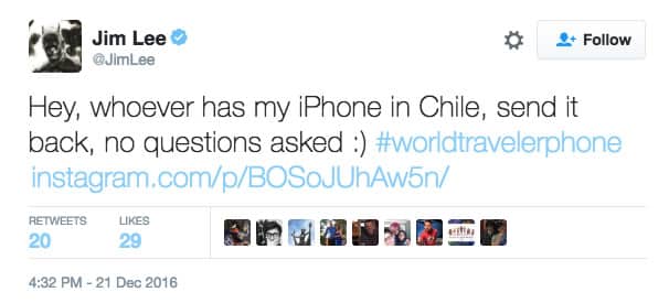 Jim Lee reclamando por su iPhone robado.