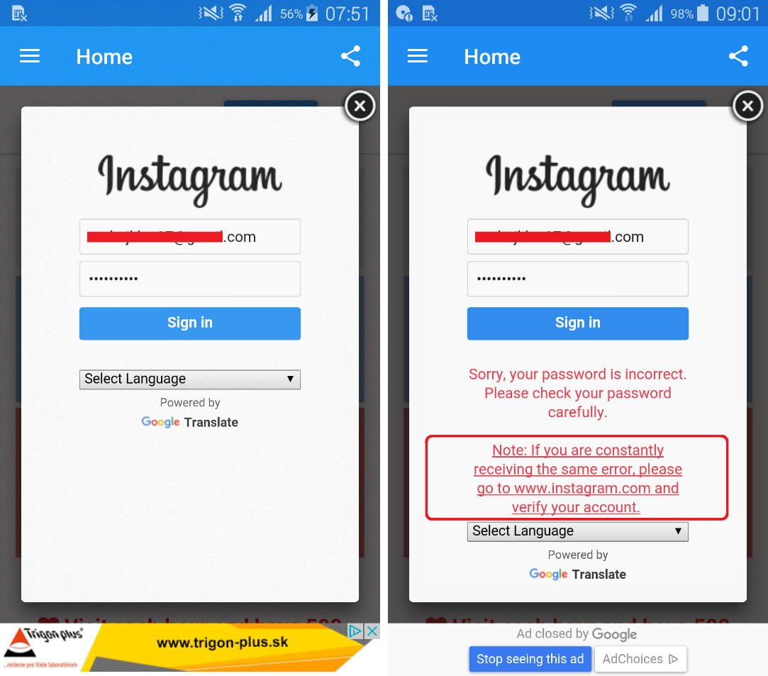 Así­ lucí­a una de estas Apps falsas sobre Instagram.