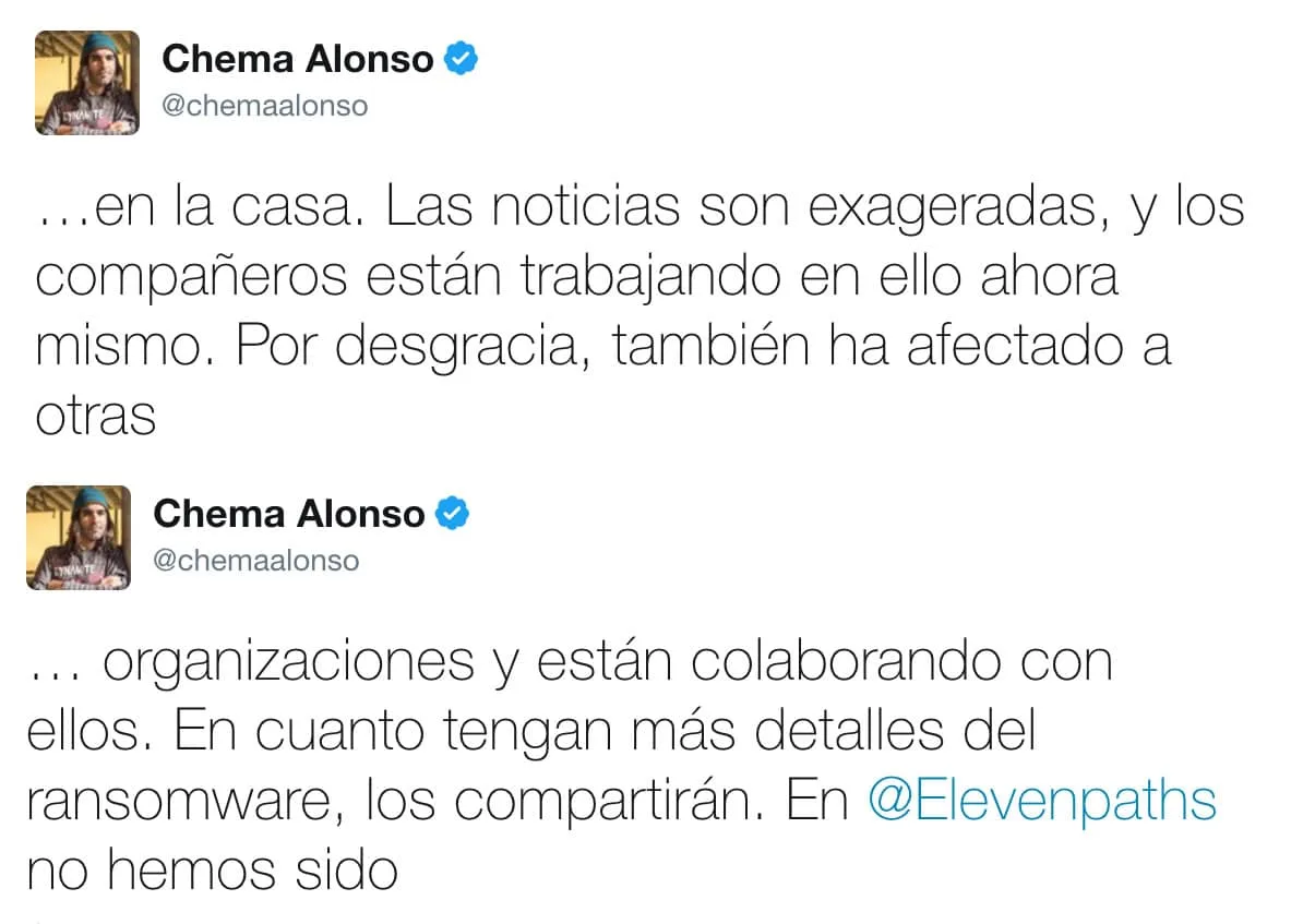 Chema Alonso Ransomware Telefonica Chief Data Officer de Telefónica corroboró que fue un ransomware y afectó a otros.