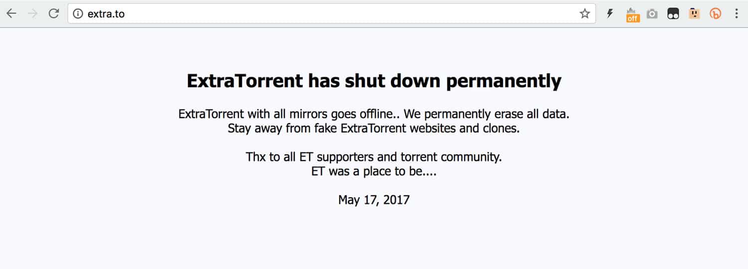 Mensaje de cierre en ExtraTorrent.