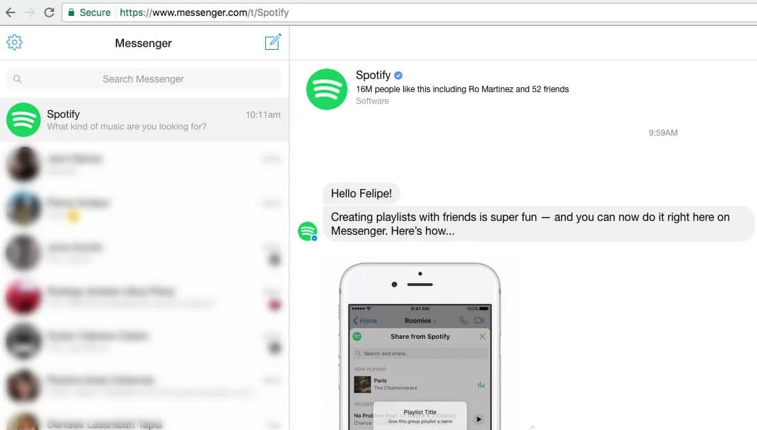 Spotify Chat Bot Messenger Cuando activas la extensión de Spotify, un bot te dará instrucciones para crear playlists.