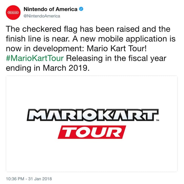 Mario Kart Tour Nintendo Tweet ¡Notición! Mario Kart llegará a teléfonos móviles, pero en 2019