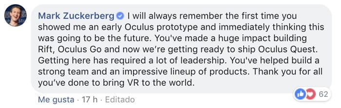 Mark Zuckerberg despidiendo al cofundador de Oculus.
