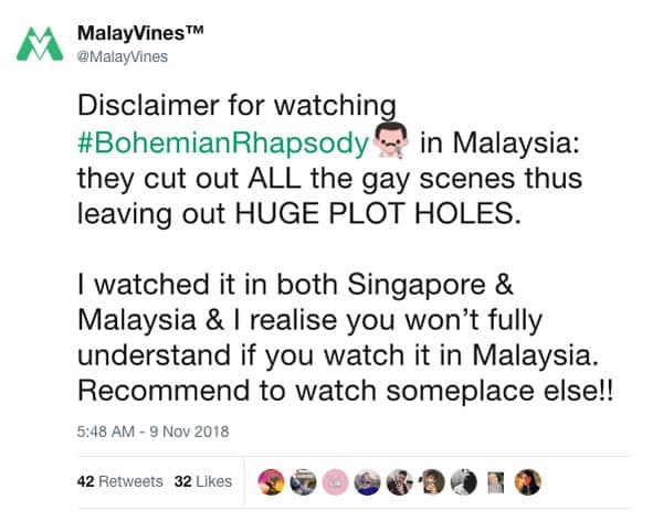 Bohemian Rhapsody Tweet Este país con leyes anti-homosexuales le quitó 24 minutos a Bohemian Rhapsody