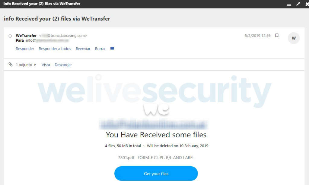 Utilizan falsos correos con “estilo WeTransfer” para robarte información.