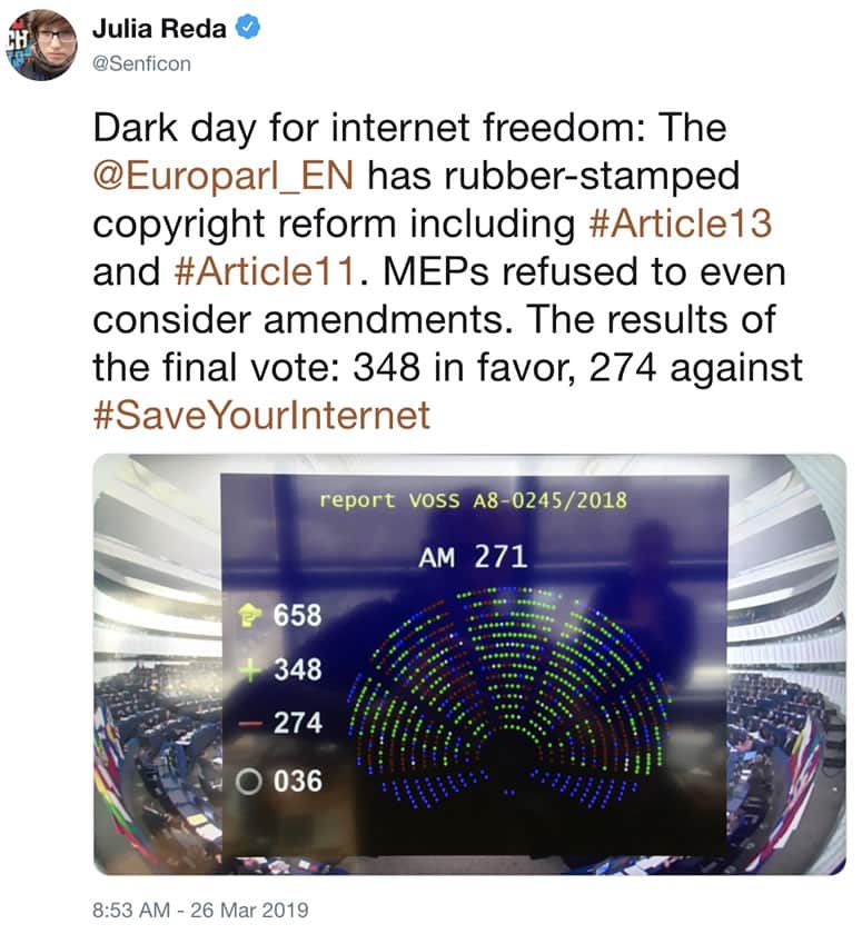 Europa aprueba polémica ley de derechos de autor en Internet.
