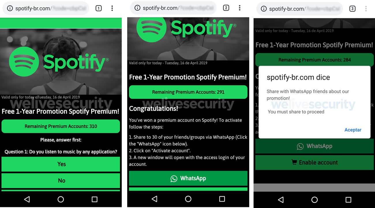Estafa que promete Spotify gratis circula por WhatsApp.