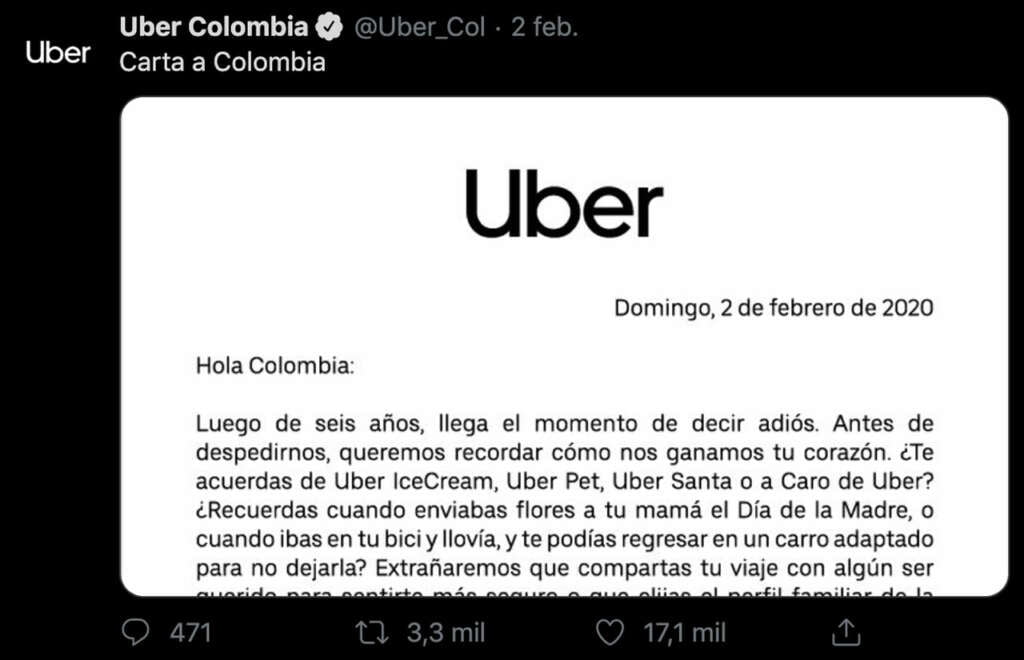 Uber se fue de Colombia siendo el primer paí­s latino en dejar, pero pretenden volver.