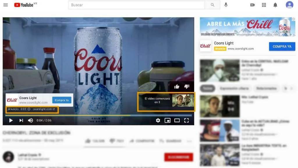 Ejemplo Publicidad Youtube Múltiples publicidades en YouTube.