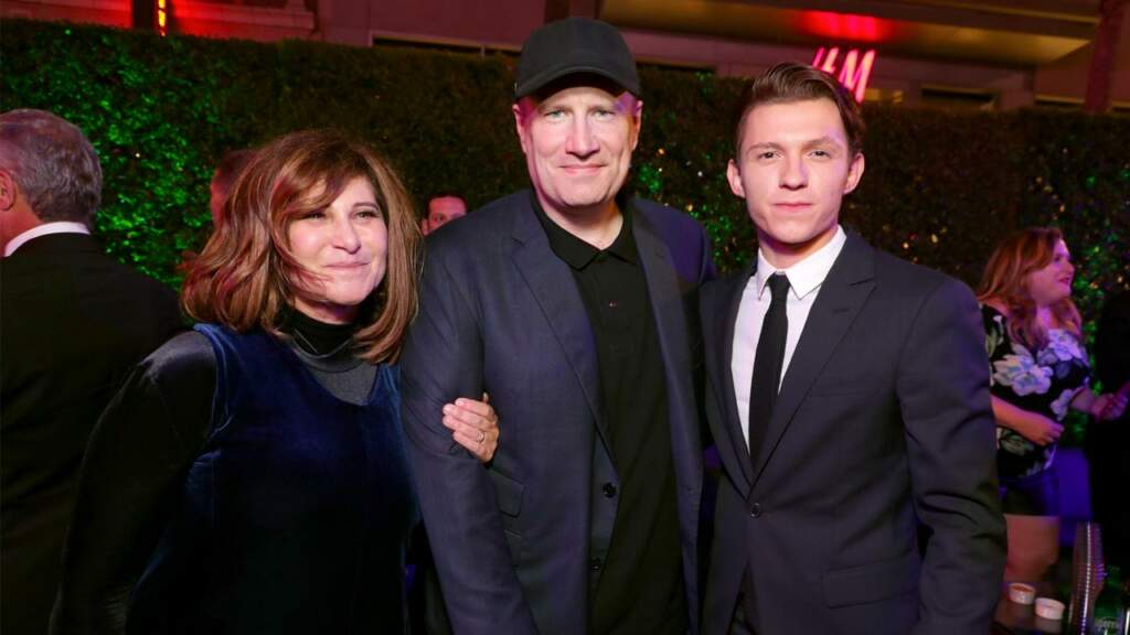 Amy Pascal, Kevin Feige y Tom Holland