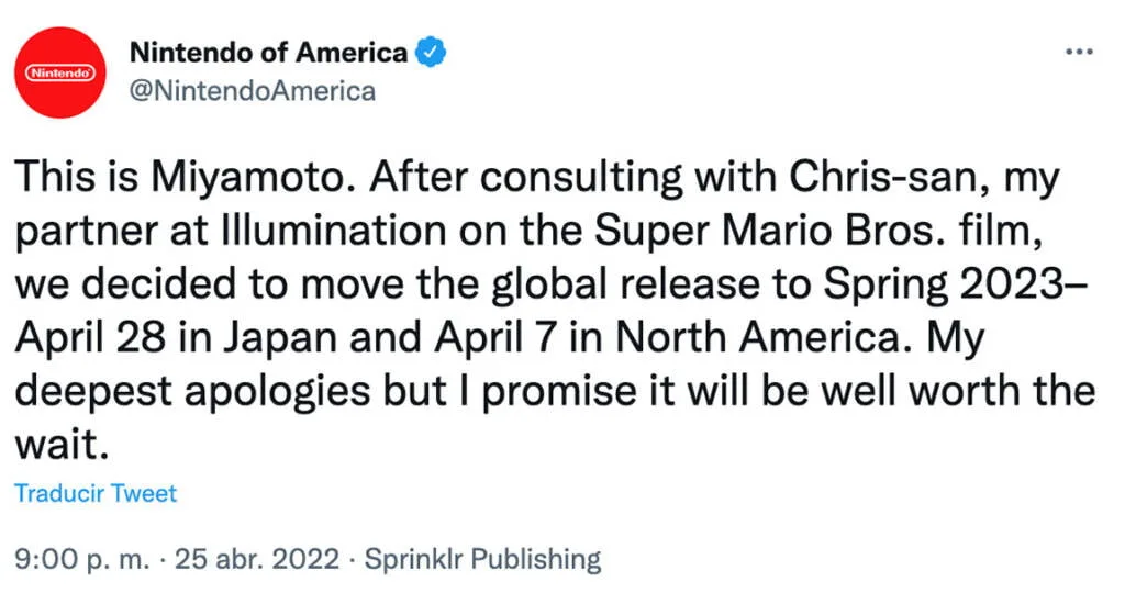 Pelicula Mario Atrasada Tweet La película animada de Super Mario Bros. fue atrasada hasta el 2023