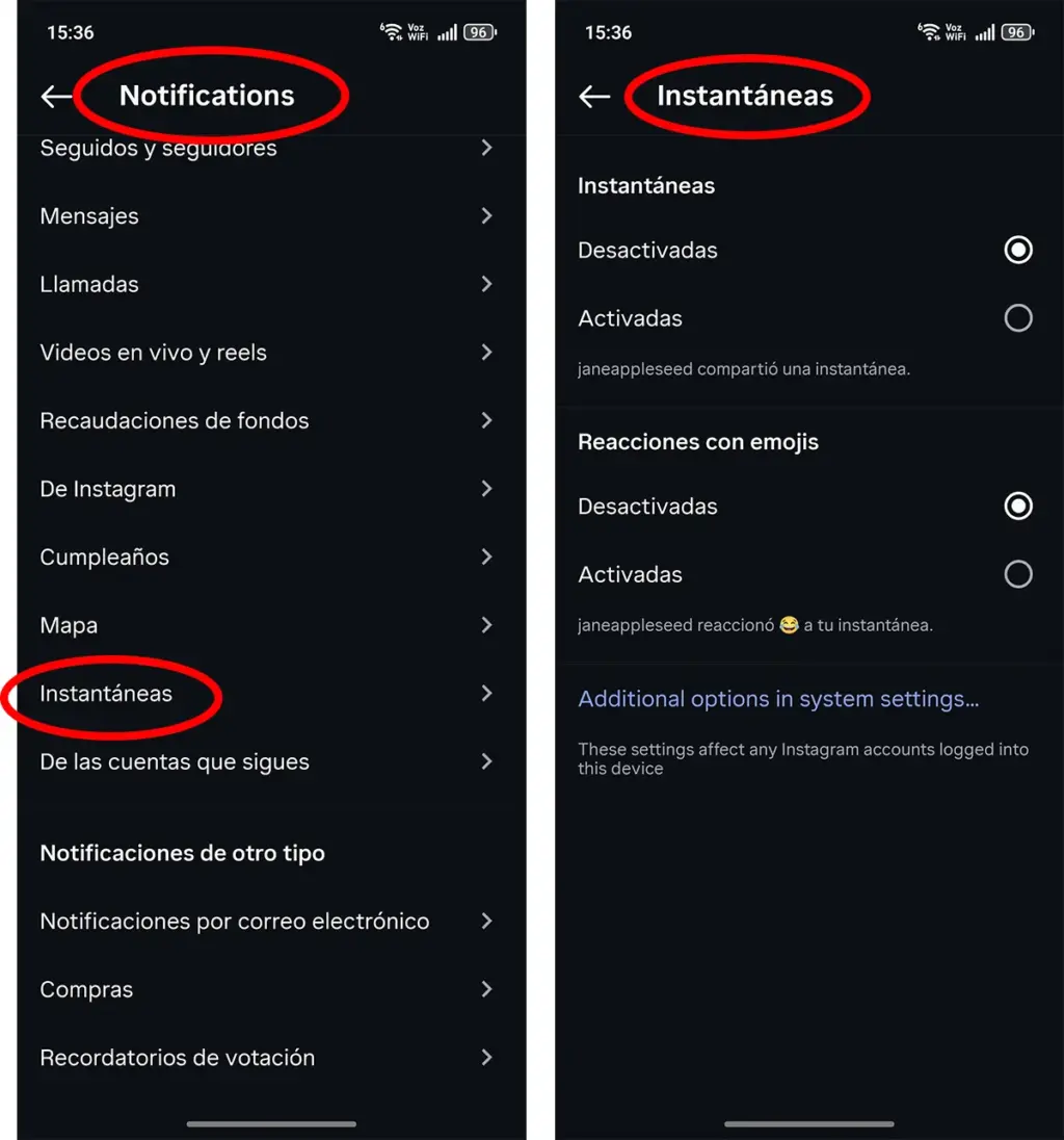 Desactivar Instagram Instants Notificaciones