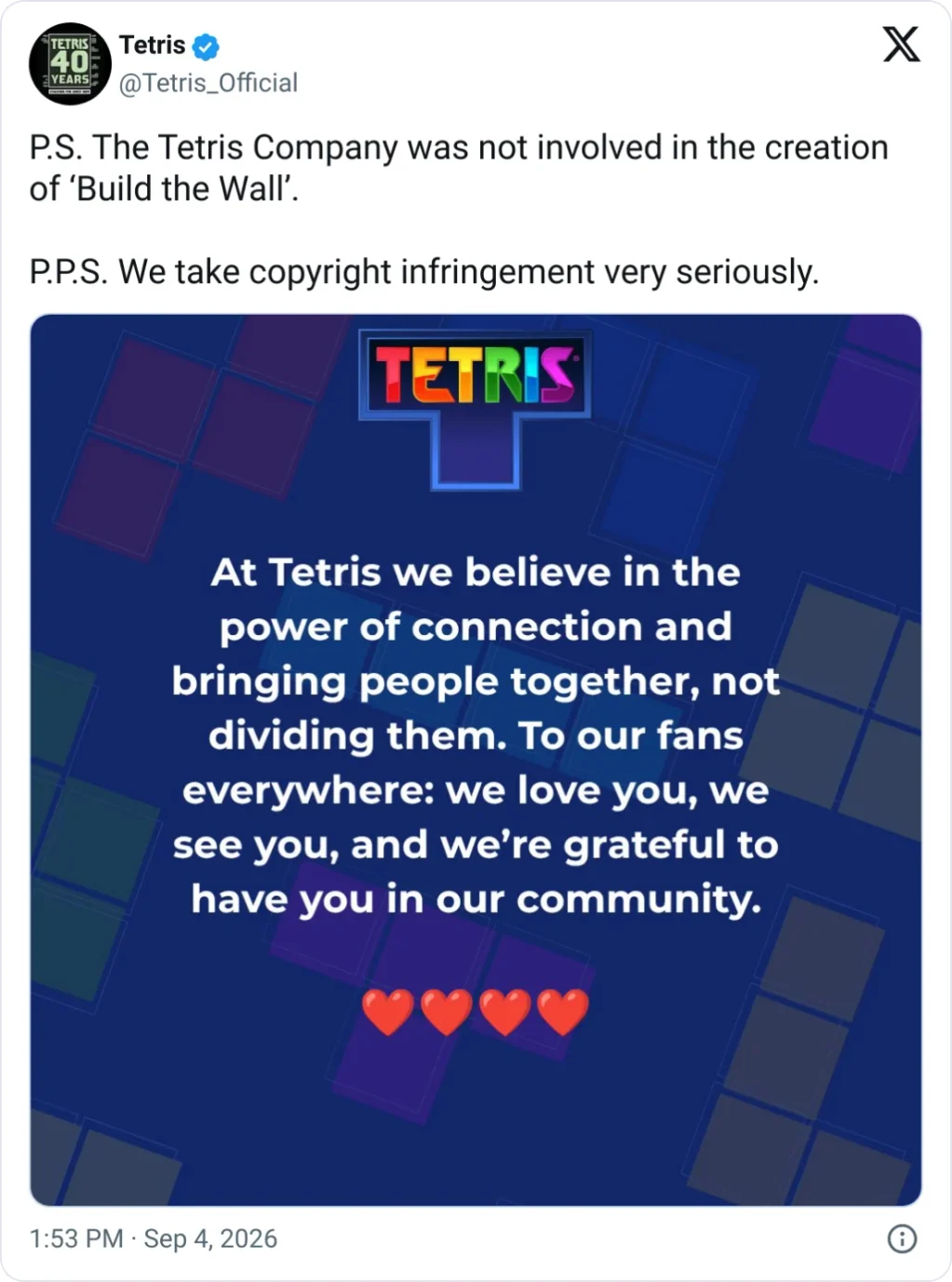 Tetris Build the Wall Tweet